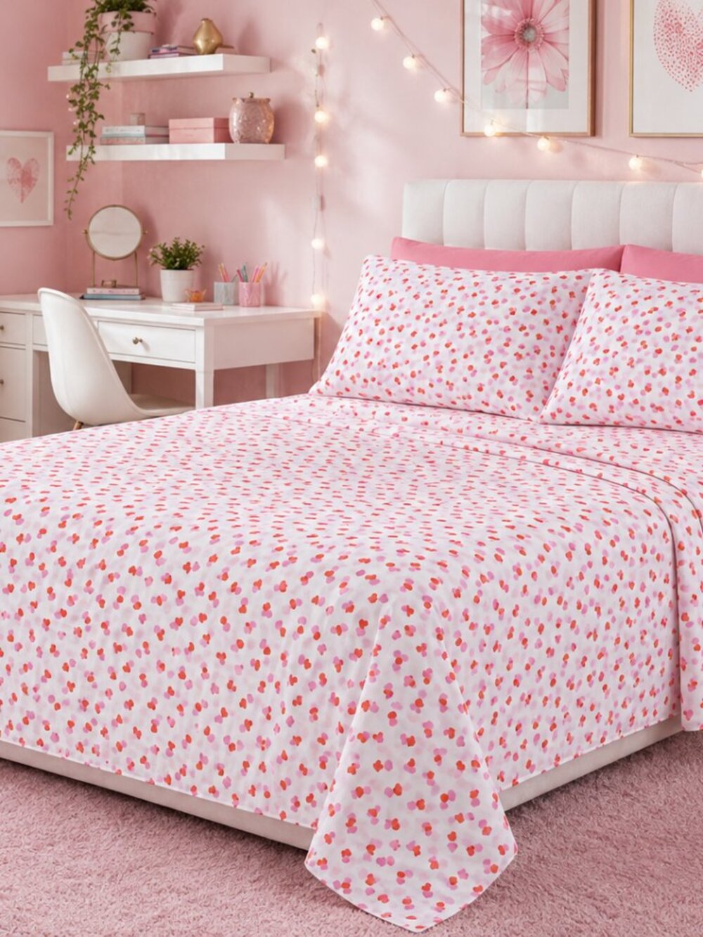 NWT - Envogue Queen Sheet Set with Storage Bag - Overlapping Hearts - Red & Pink